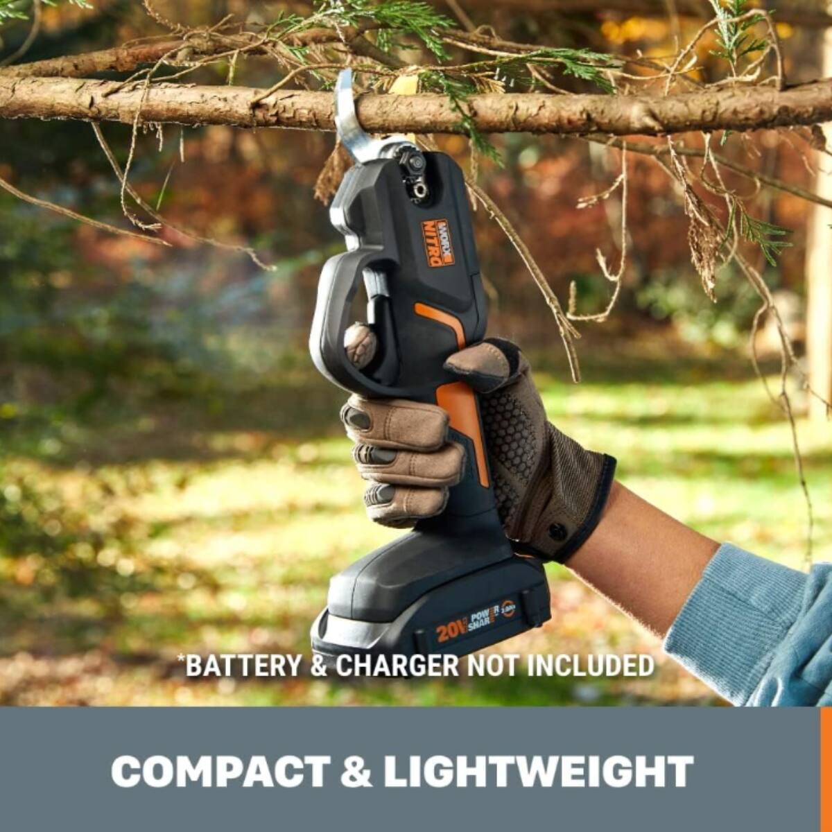 The text on the image states that the NITRO WORK POW 2013 SHAR is compact and lightweight, but the battery and charger are not included.