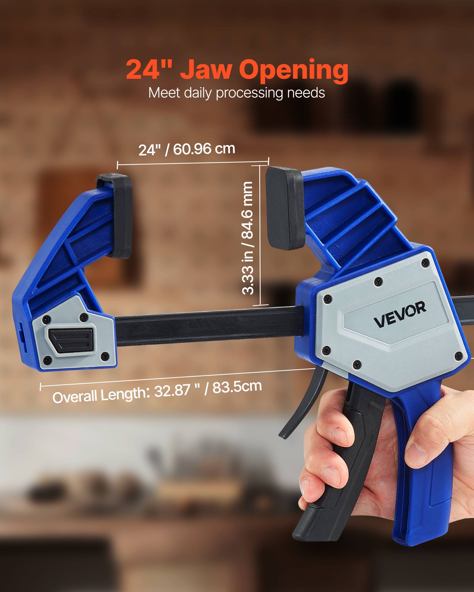 24" Jaw Opening  
Meet daily processing needs  

24" / 60.96 cm  
3.33 in / 84.6 mm  

Overall Length: 32.87" / 83.5 cm  

VEVOR