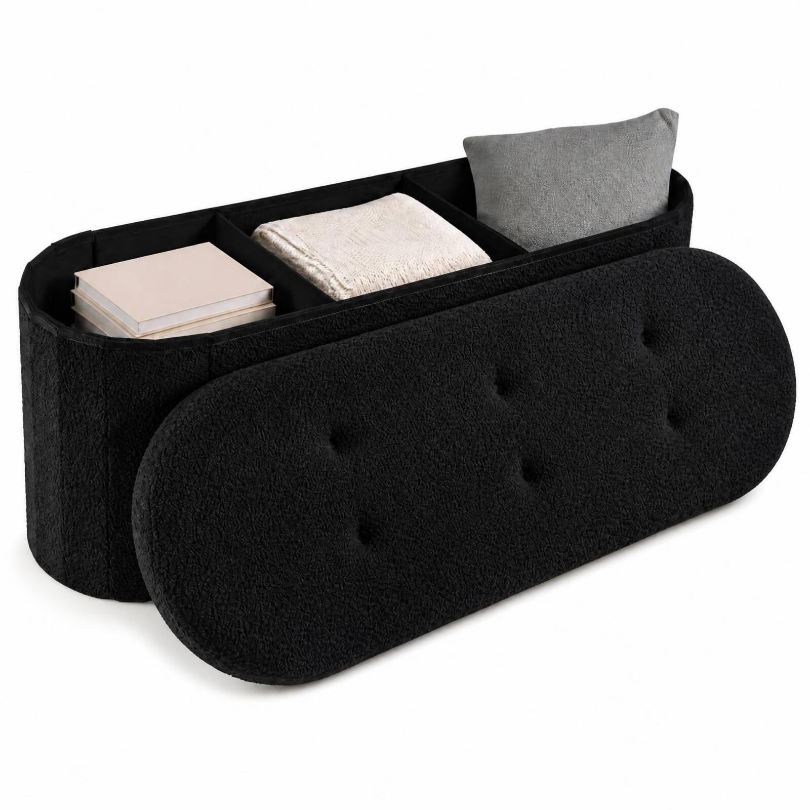 Costway - Storage Ottoman Bench 43" Oval Ottoman with Dividers Folding Teddy Boucle Footrest - Black