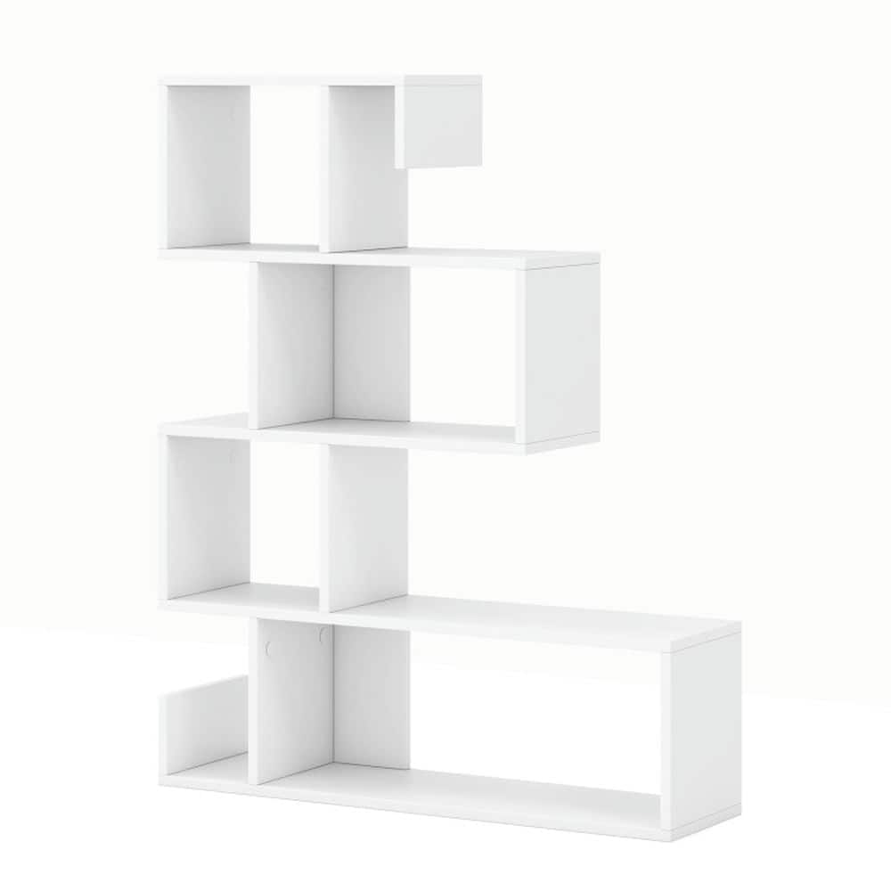 Pefilos - 5-Tier S-Shaped Bookshelf Geometric Z-Shelf Bookcase with Open Cubes- Tall Bookshelf, Shelves for Living Room - White
