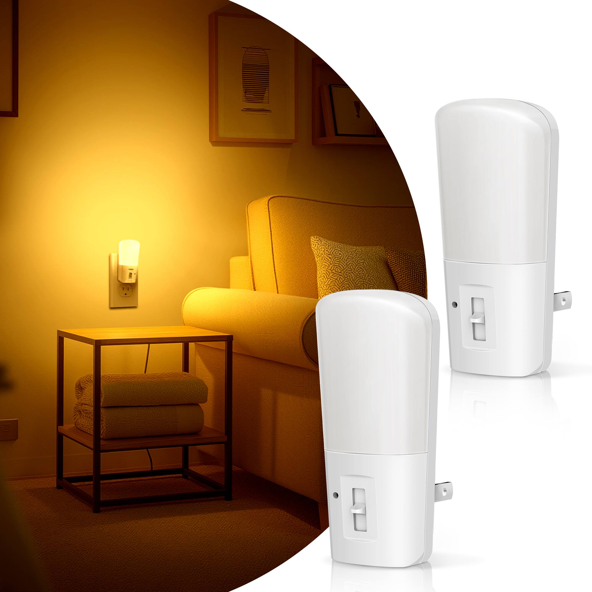 Angle. Jandcase - JANDCASE 2-Pack 1W  Plug-in Night Light, Amber Glow with Mosquito Repellent, Slide Dimmer, Vertical Design - White.