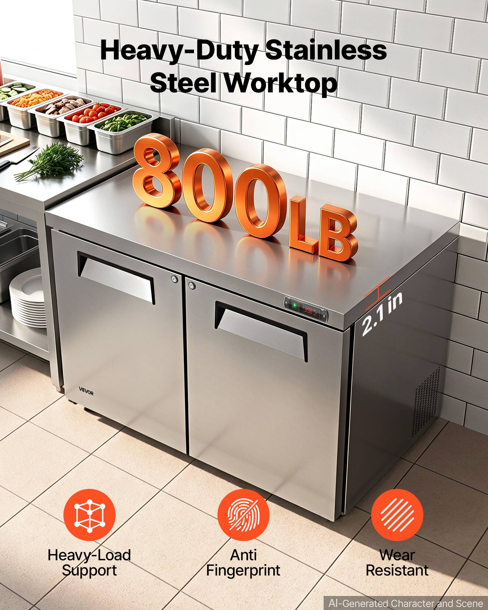 Heavy-Duty Stainless Steel Worktop 800LB 356 2.1 in  
VEVOR  
Heavy-Load Support  
Anti Fingerprint  
Wear Resistant  
AI-Generated Character and Scene