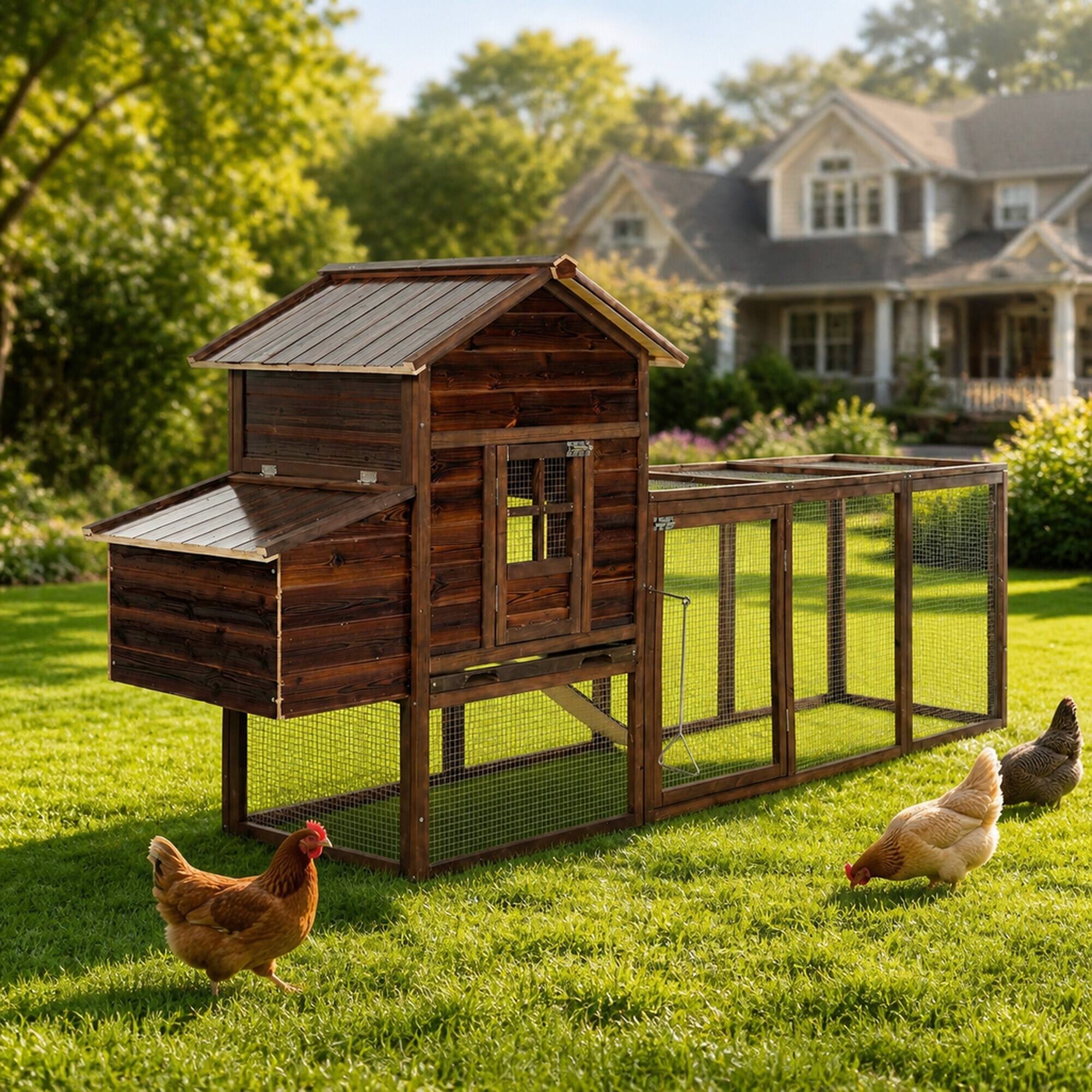 Left. RYHNUYNE - Wooden Chicken Coop, Fir,, - Run, Brown.