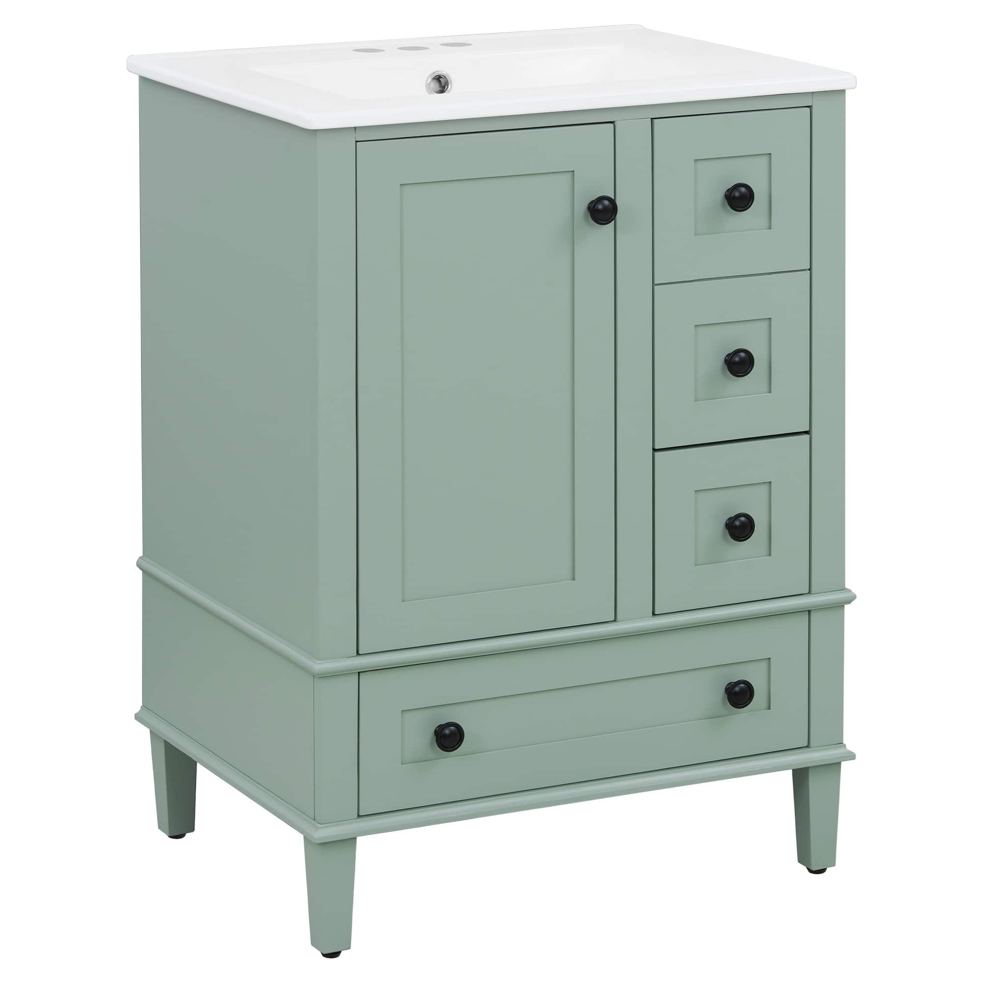 Ecooso - 24" Bathroom Vanity with Ceramic Basin, 3 Soft-Close Drawers, Soft-Close Door, Door-Mounted Double Shelf - Light Green