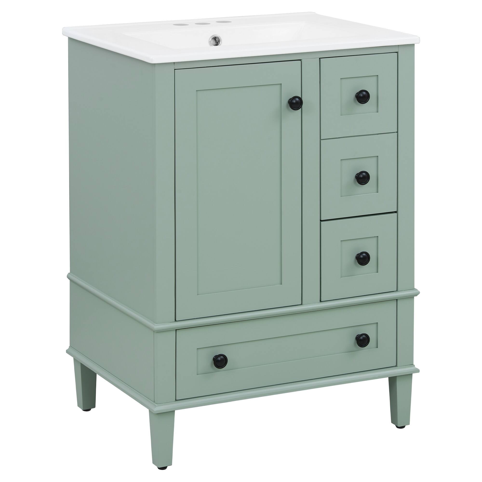 Front. Ecooso - 24" Bathroom Vanity with Ceramic Basin, 3 Soft-Close Drawers, Soft-Close Door, Door-Mounted Double Shelf - Light Green.