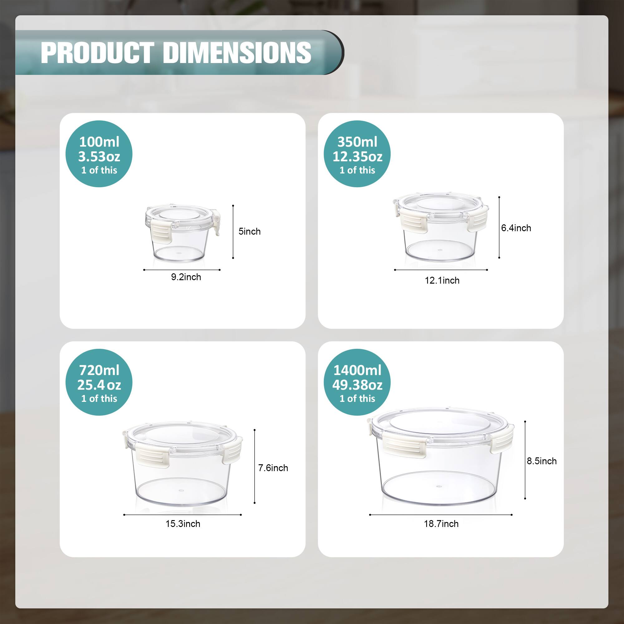 PRODUCT DIMENSIONS

- 100ml 3.53oz
  - 1 of this
  - 5inch
  - 9.2inch

- 350ml 12.35oz
  - 1 of this
  - 6.4inch
  - 12.1inch

- 720ml 25.4oz
  - 1 of this
  - 7.6inch
  - 15.3inch

- 1400ml 49.38oz
  - 1 of this
  - 8.5inch
  - 18.7inch