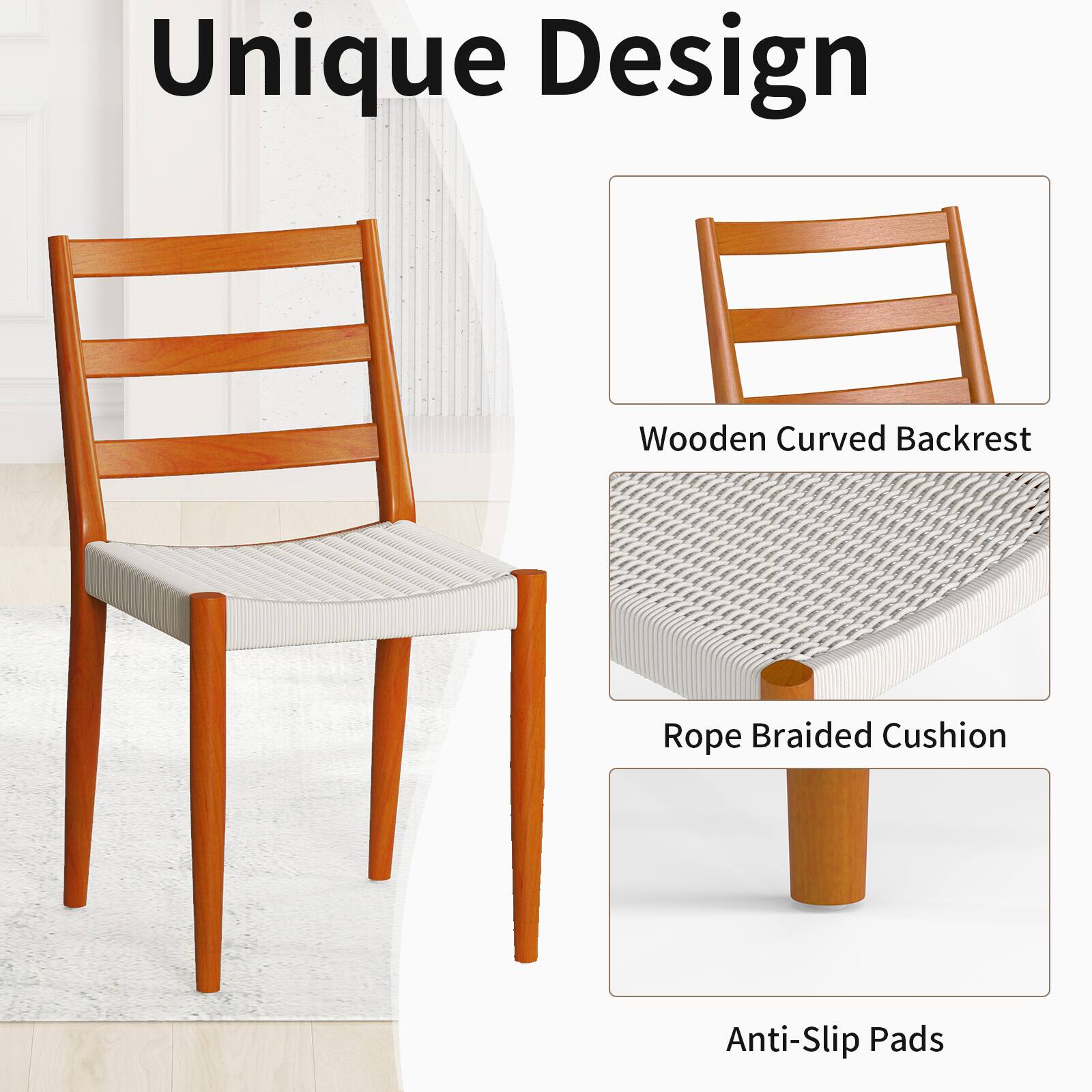 Unique Design Wooden Curved Backrest Rope Braided Cushion Anti-Slip Pads