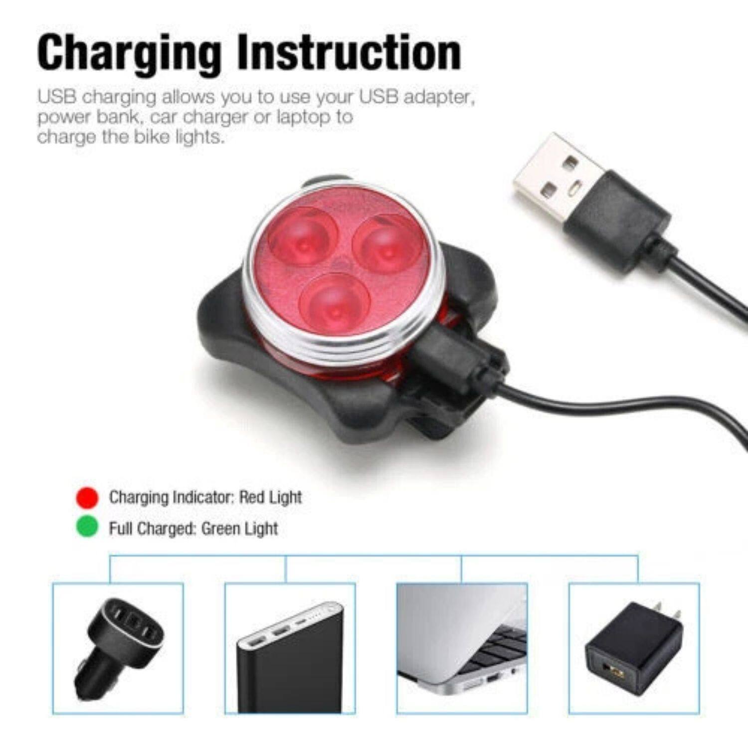 **Charging Instruction**

USB charging allows you to use your USB adapter, power bank, car charger, or laptop to charge the bike lights.

- Charging Indicator: Red Light
- Full Charged: Green Light