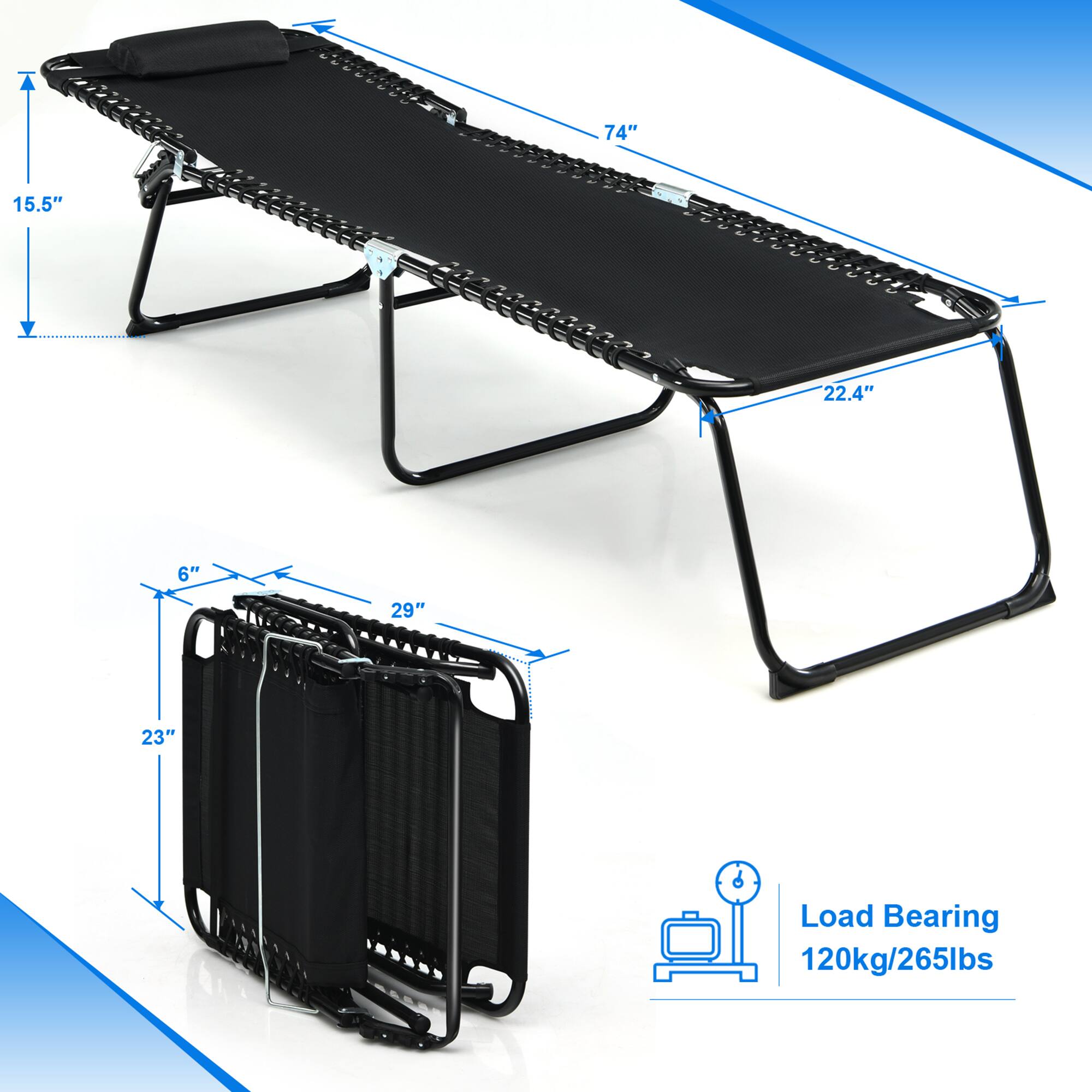 74", 15.5", 22.4", 6", 29", 23", Load Bearing 120kg/265lbs