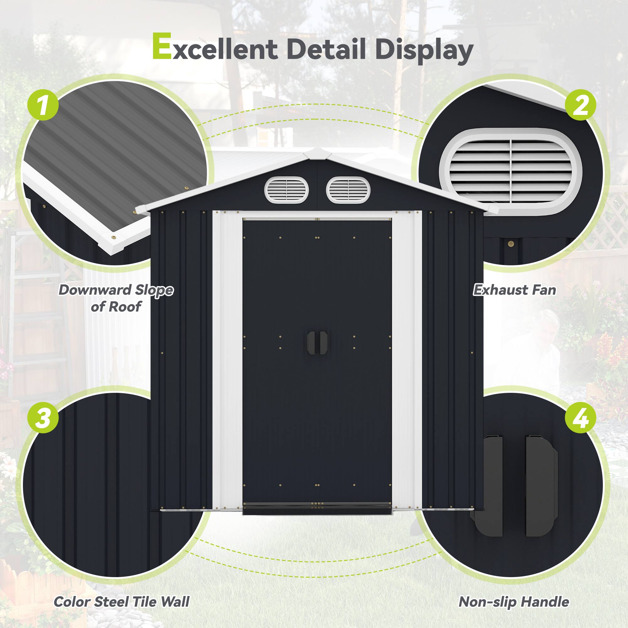 Excellent Detail Display

1. Downward Slope of Roof
2. Exhaust Fan
3. Color Steel Tile Wall
4. Non-slip Handle