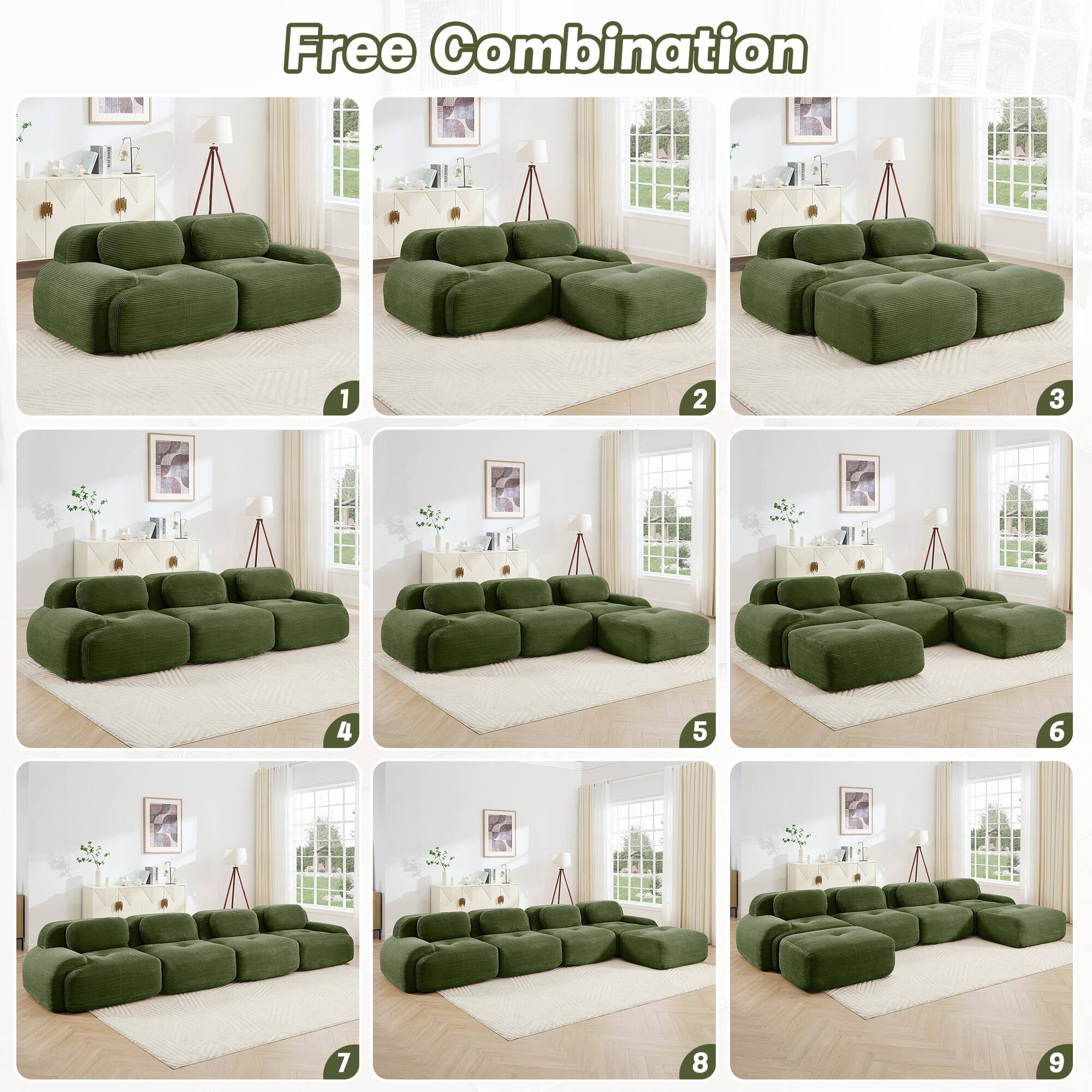Free Combination

1. Single sofa
2. L-shaped sofa
3. U-shaped sofa
4. Corner sofa
5. Modular sofa
6. Sectional sofa
7. L-shaped sofa with chaise
8. U-shaped sofa with chaise
9. Modular sofa with chaise