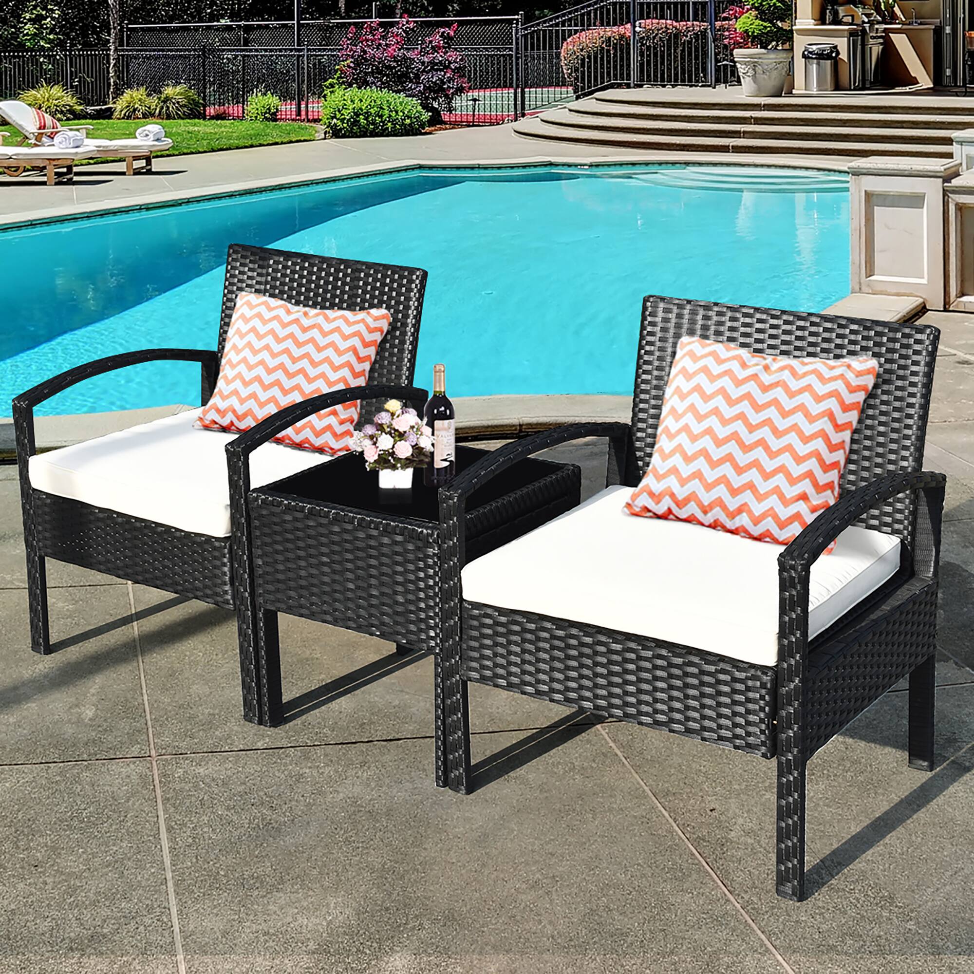 Alt View 3. Costway - Costway 3PCS Patio Rattan Furniture Set Coffee Table & Chairs Set with Seat Cushions Garden - White.