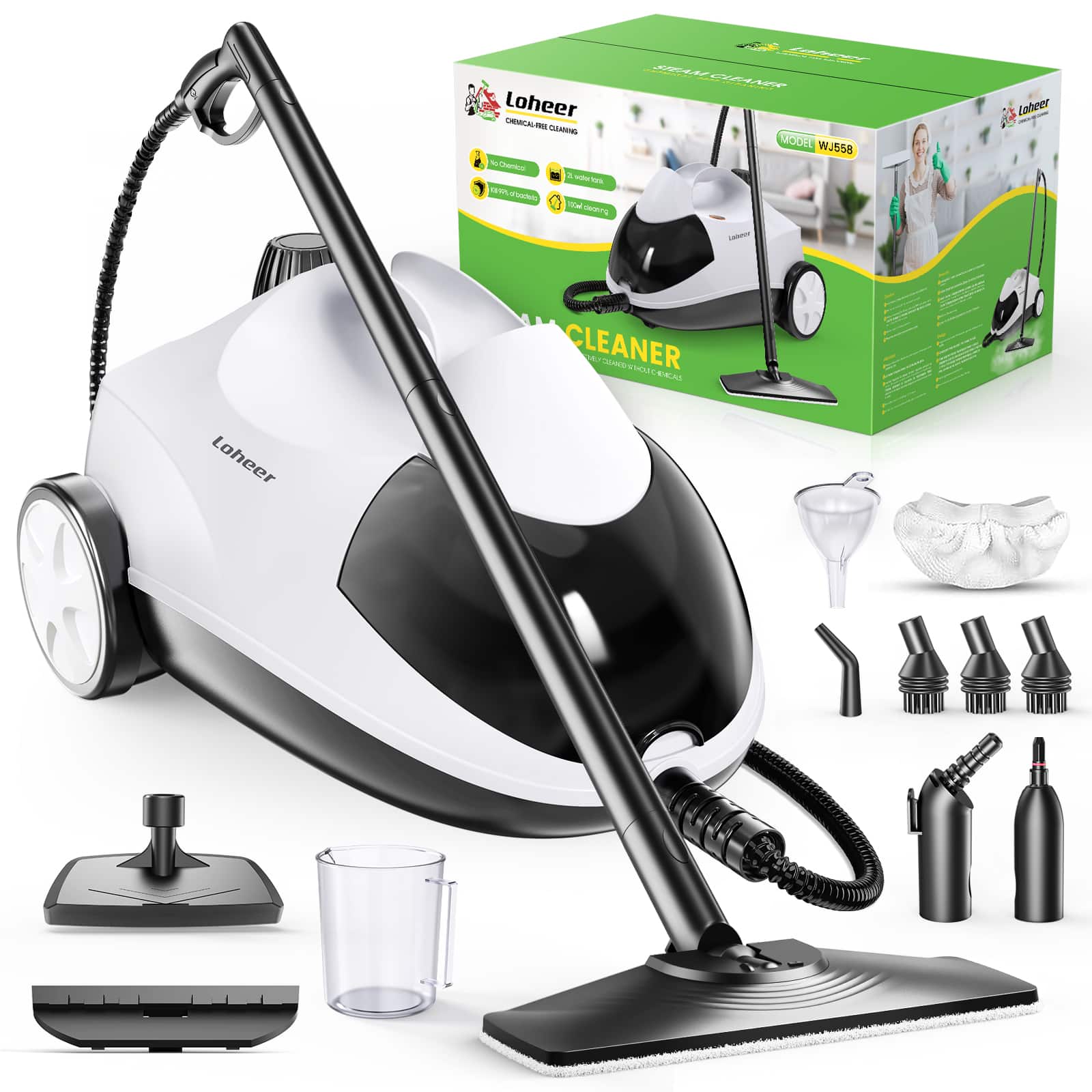 Loheer - Steam Cleaner, 1500 watts Multipurpose Steamer for Cleaning with 15 Accessories, 2L Tank, Steam Mop for Home, Car