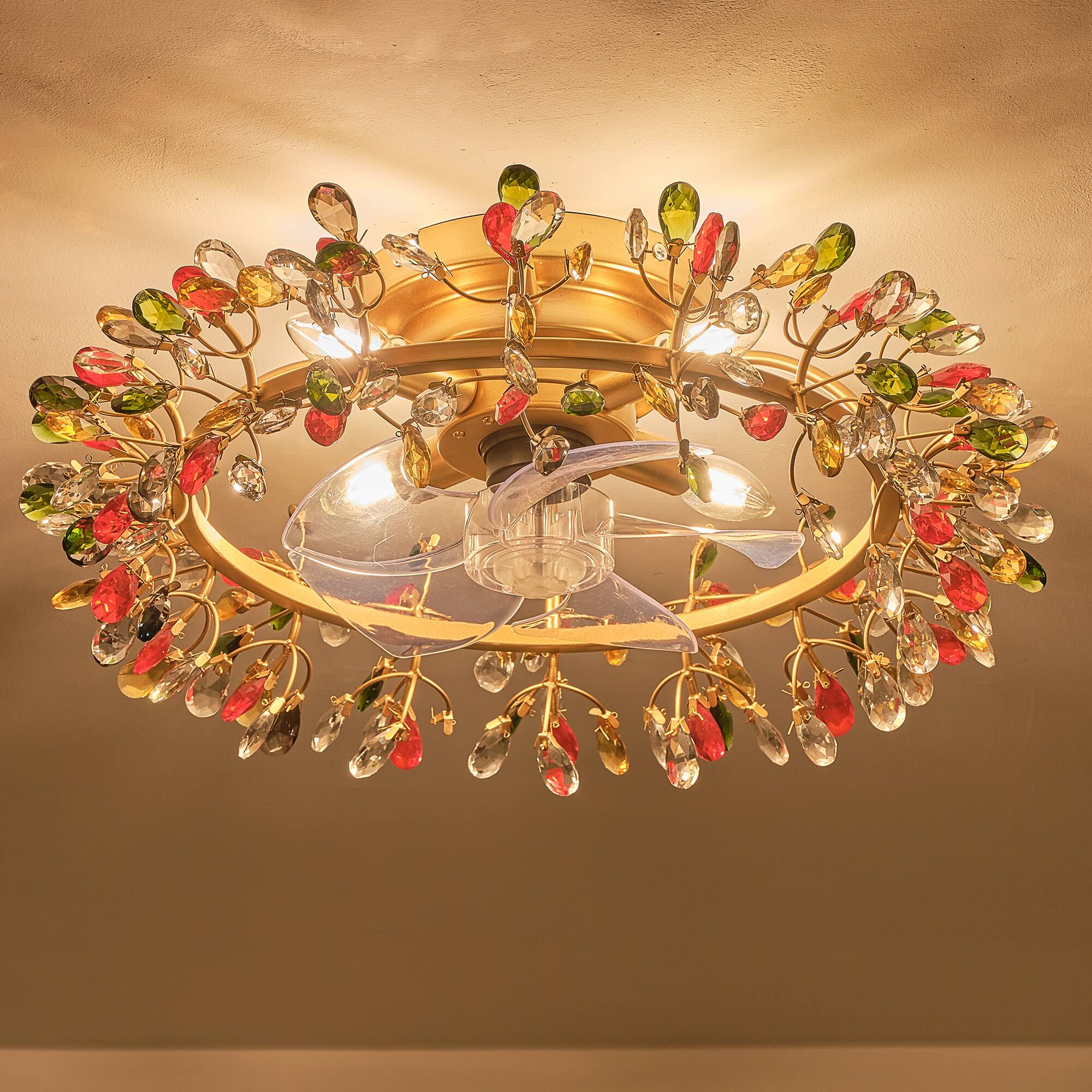 Alt View 2. Parrot Uncle - Modern American Colourful Crystal Flush Mount Chandelier Ceiling Fan with Remote and Retractable Blades - Gold.