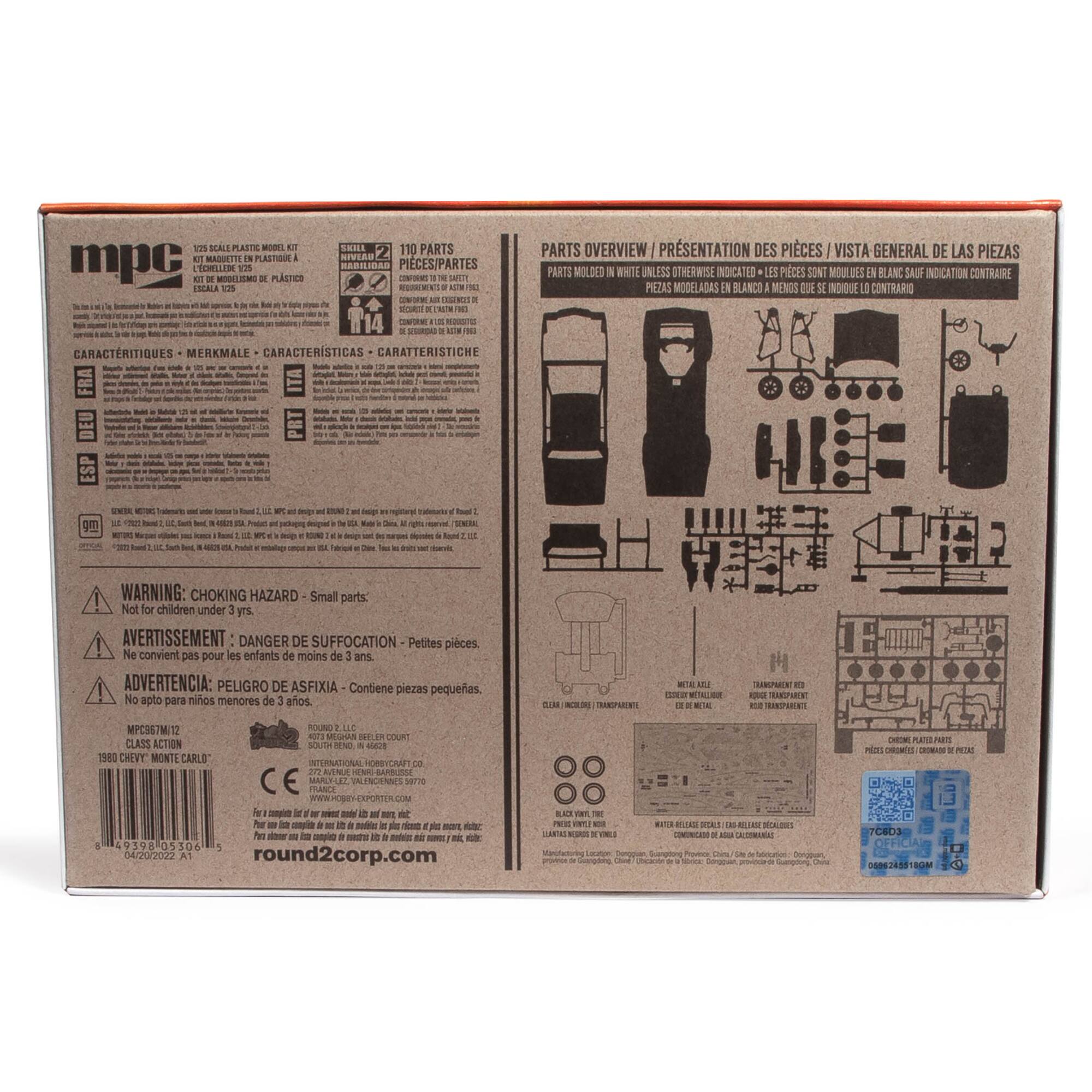 The text on the image is in French, so I'll provide a summary of the content in English. The image features a box with a diagram of a car and a person on it. The box is labeled "MPC" and has a barcode. The box contains a toy car and a person, as indicated by the diagram. The box also has a warning label, indicating that the small parts inside are not suitable for children under the age of three. The image is dated April 20, 2022.