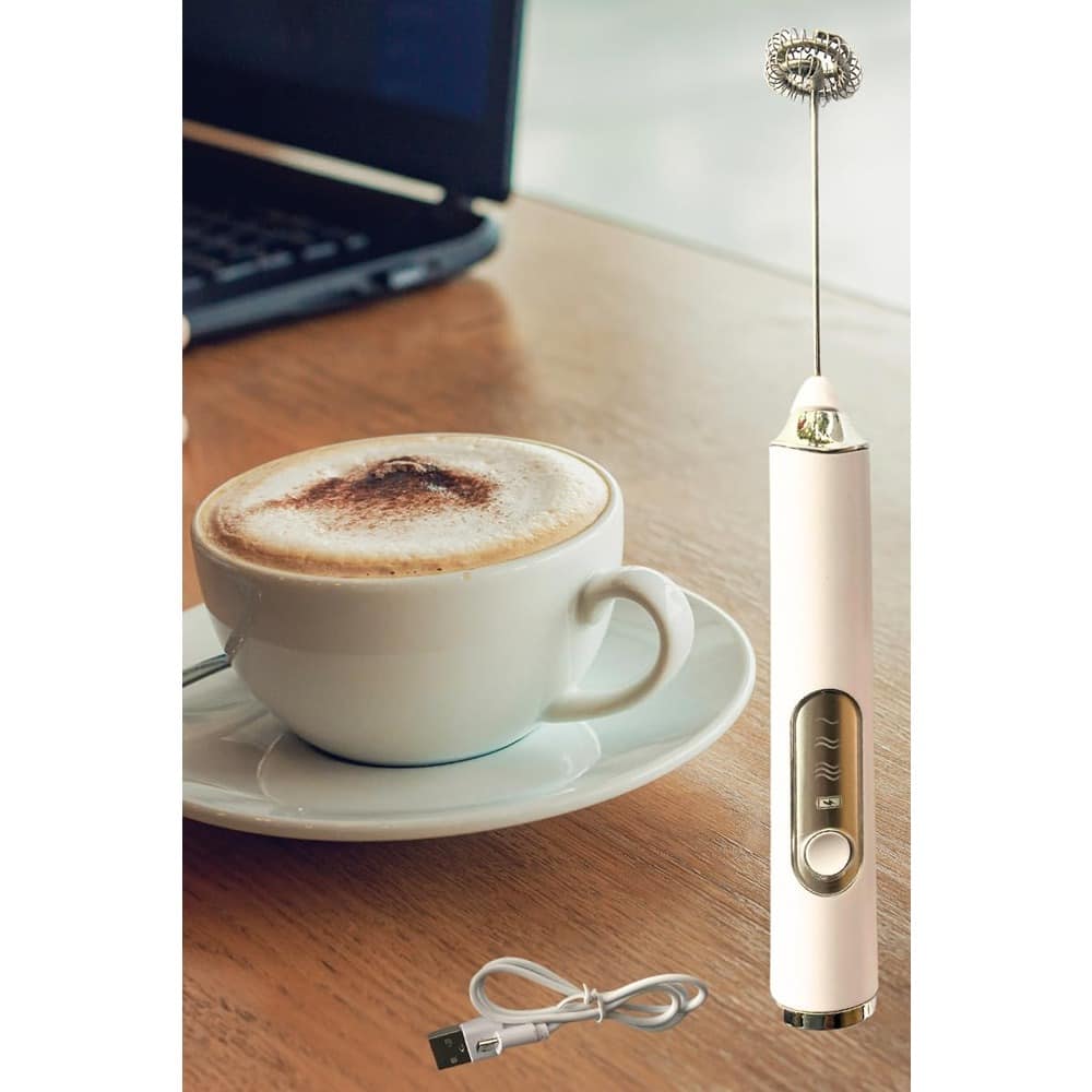 ACJPR - Rechargeable Milk Frother Handheld, 3-Speed Electric Foam Maker with 2 Stainless Steel Whisks for Coffee & Latte - White