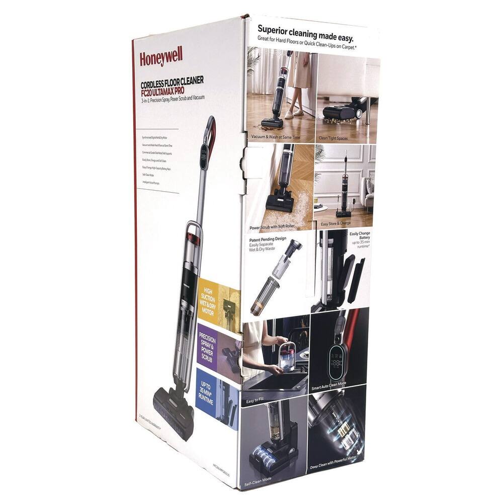 Honeywell Cordless Floor Cleaner FC20 Ultamax Pro  
3-in-1 Precision, Power Scrub & Vacuum  

Superior cleaning made easy.  
Great for Hard Floors or Quick Clean-Ups on Carpet.  

Vacuum & Wash at Same Time  
Clean Tight Spaces  
Power Scrub with Soft Roller  
Patent Pending Design  
Wet & Dry Drying System  
Easy Store & Charge  
Easily Change Battery  
Smart Auto Clean Mode  
Clean with Powerful Motor  

High Efficiency Wet/Dry Motor  
Precision Spray & Power Scrub  
Up to 35 Min Runtime  
Easy to Fill  

Self Clean Mode