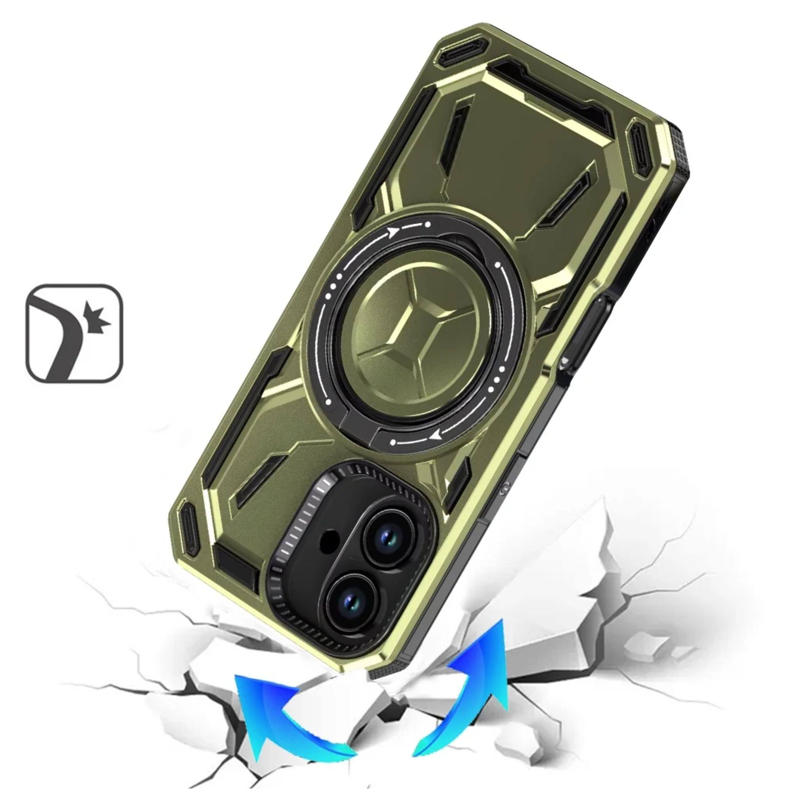 Angle. Kitcheniva - Shockproof Magnet Circle Metal Stand Phone Case With Tempered Glass For iPhone 16 Midnight Green - Midnight Green.