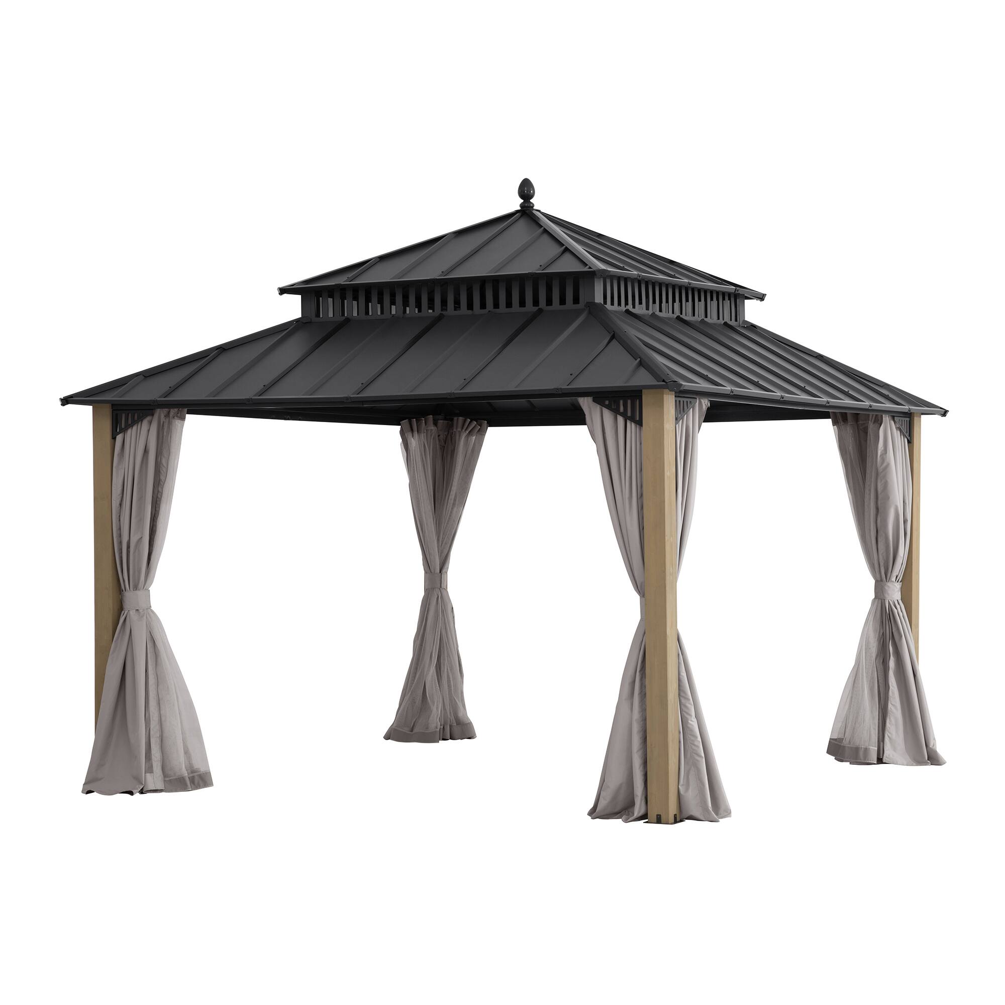 Angle. SUNJOY - SUNJOY Kingston 12x12 Gazebo, Steel Hardtop Gazebo with Curtain and Netting - Cedar Posts - Black.