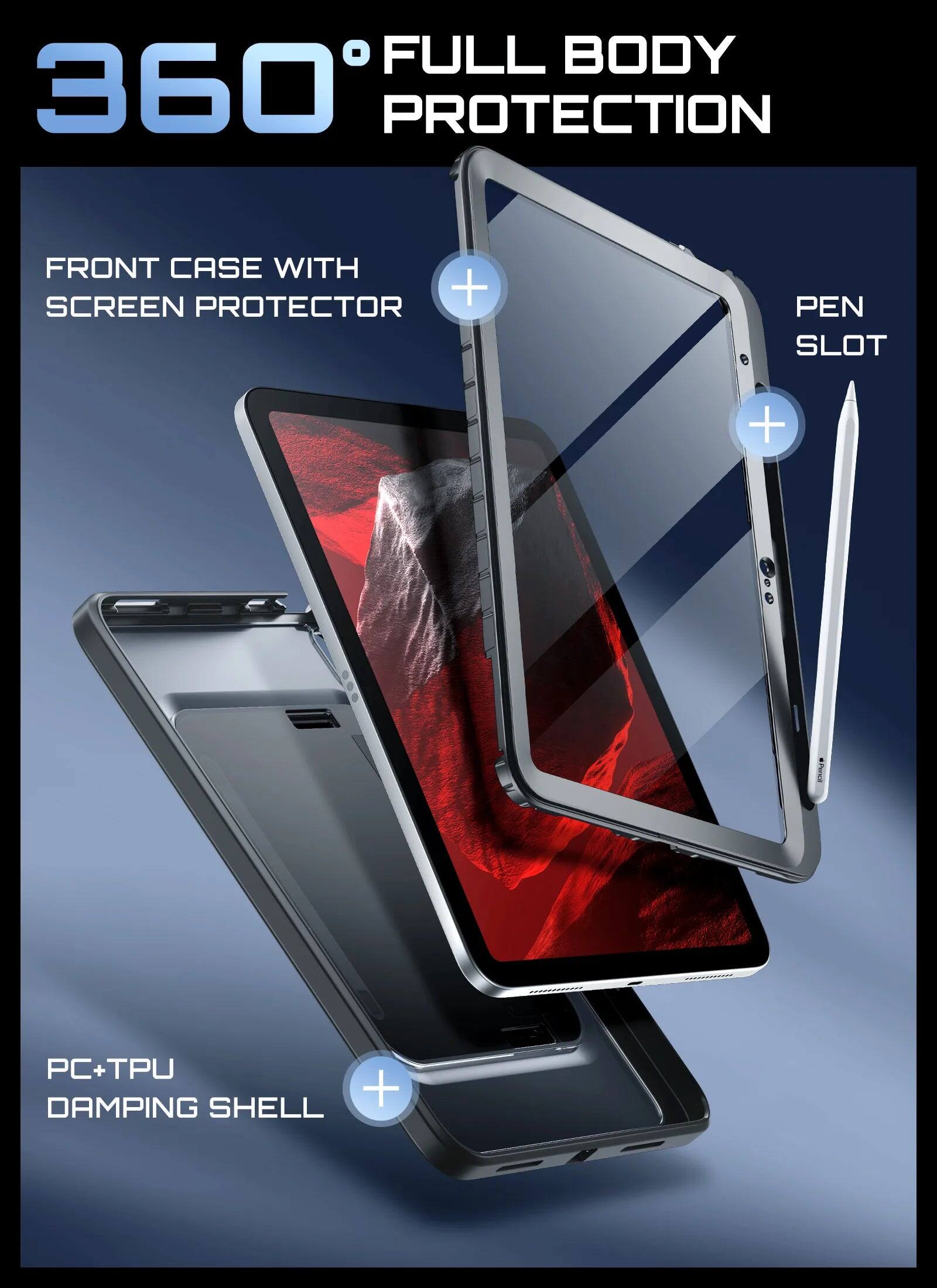 360° FULL BODY PROTECTION  
FRONT CASE WITH SCREEN PROTECTOR + PEN SLOT + PC+TPU DAMPING SHELL