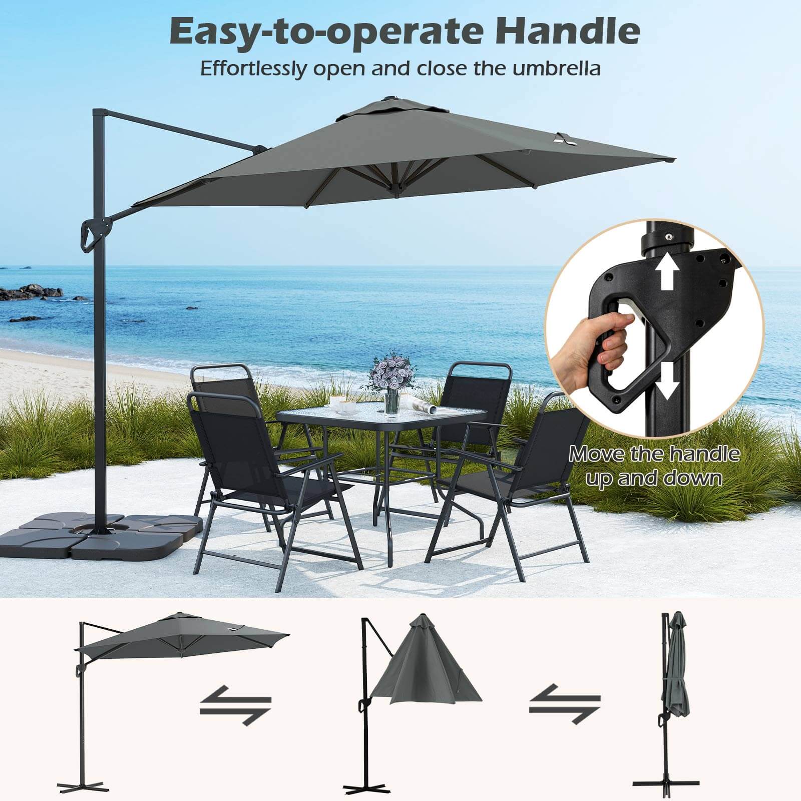 Easy-to-operate Handle  
Effortlessly open and close the umbrella  

Move the handle up and down