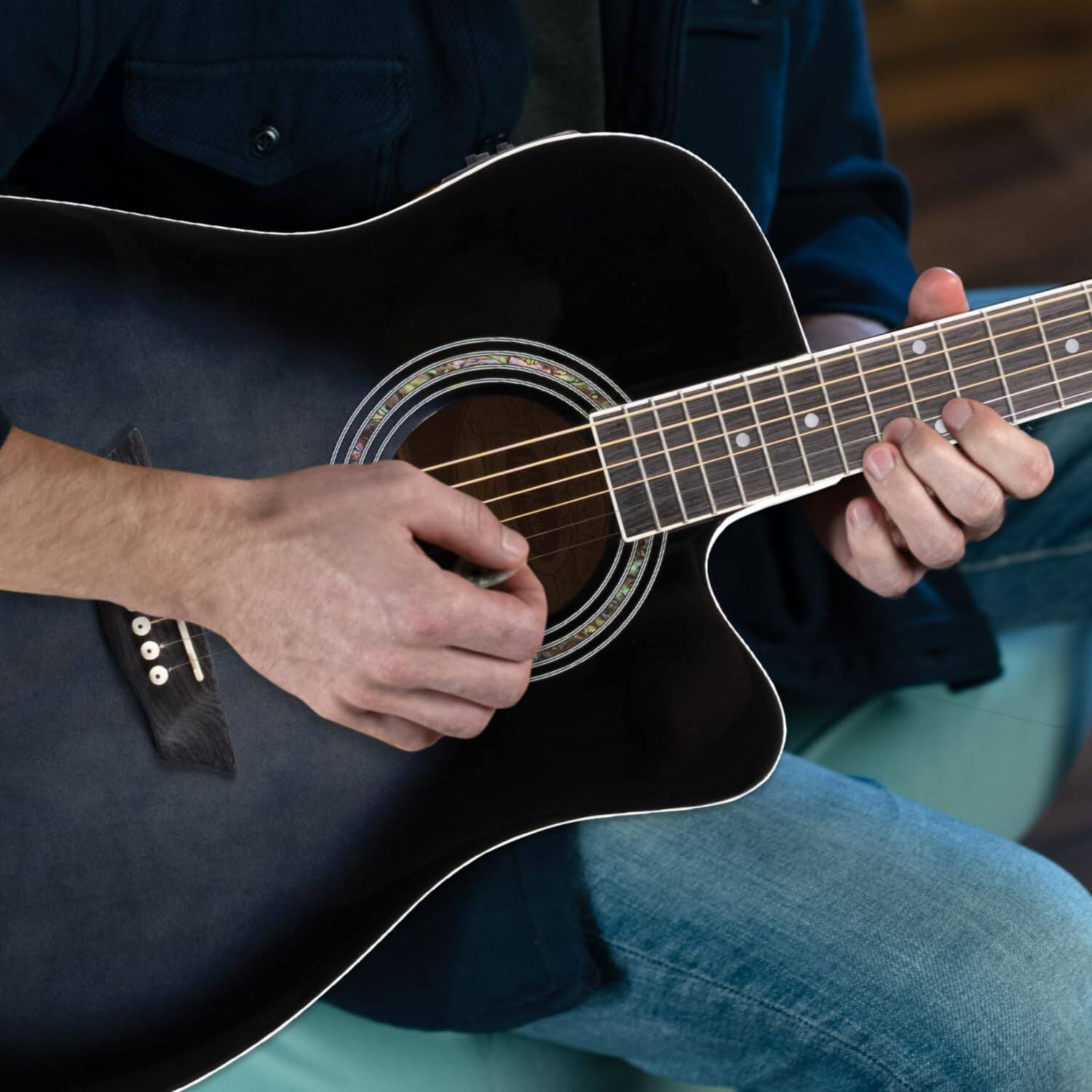 Alt View 6. Washburn - Washburn WA90CE Acoustic-Electric Guitar Kit – Dreadnought Cutaway, Built-In Tuner, Okoume Body – Perfect Holiday Gift - Transparent Black Burst.