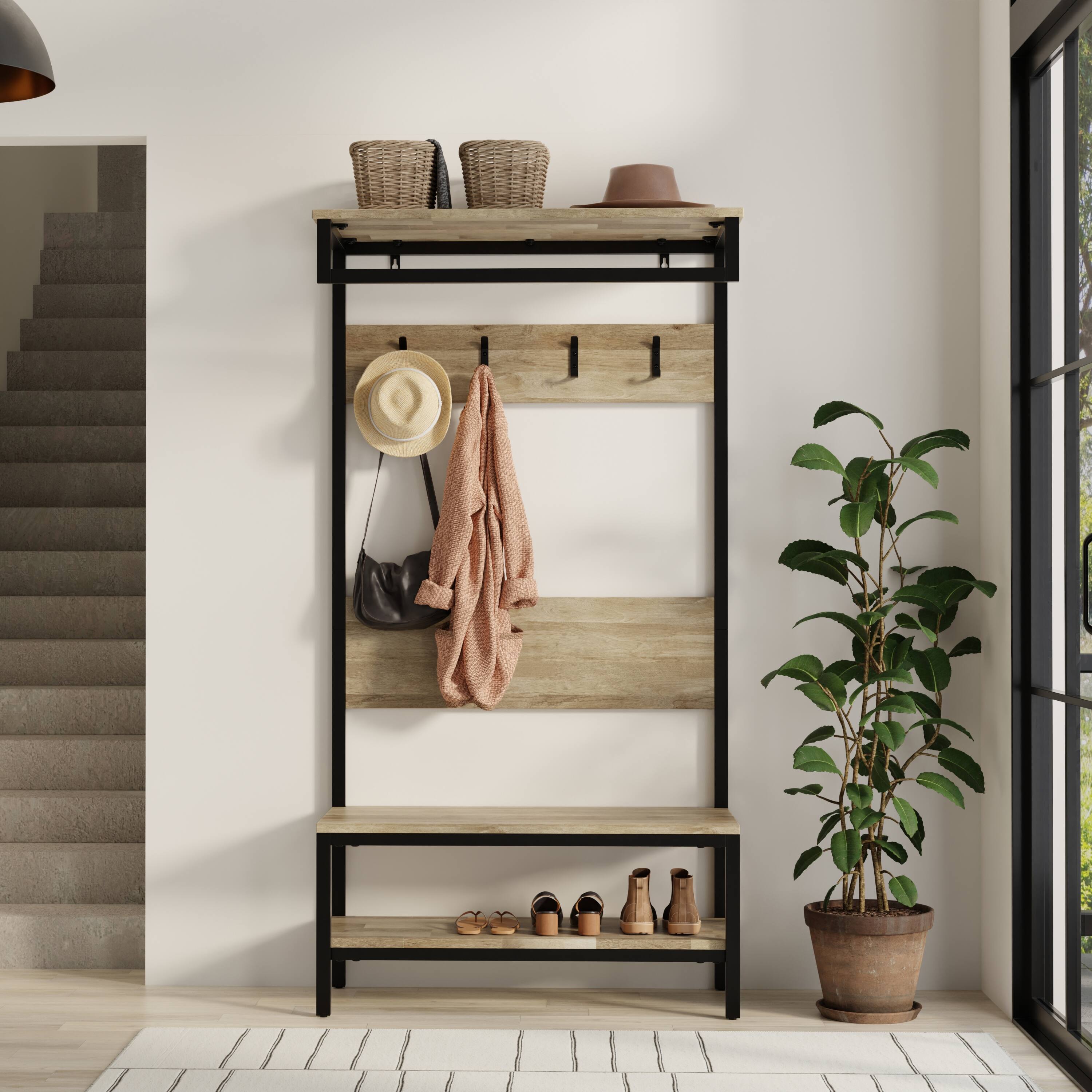 Angle. Simpli Home - Westmont SOLID MANGO WOOD 40 inch Wide Industrial Entryway Hall Tree Bench in Natural - Natural.