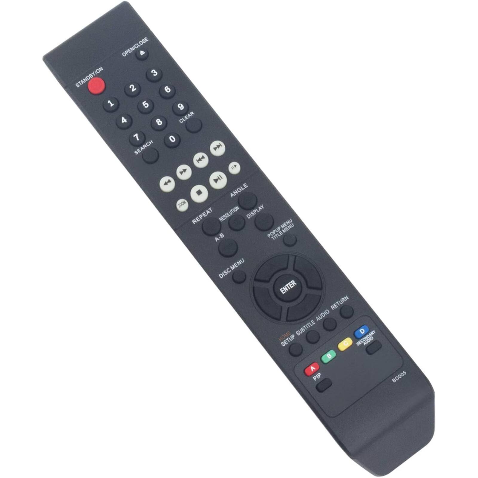 OPEN/CLOSE  
STANDBY/ON  
3 2 9 1 5 9 4 8  
CLEAR  
7 0 SEARCH  
P H 41 1 44 I  
ANGLE 200M  
REPEAT  
RESOLUTION  
DISPLAY  
MENU  
MENU A-B  
POPUP MENU  
DISC  
ENTER  
RETURN  
AUDIO  
HOME  
SUBTITLE  
D  
SETUP  
SECONDARY  
ALDHO  
A PIP  
BD005