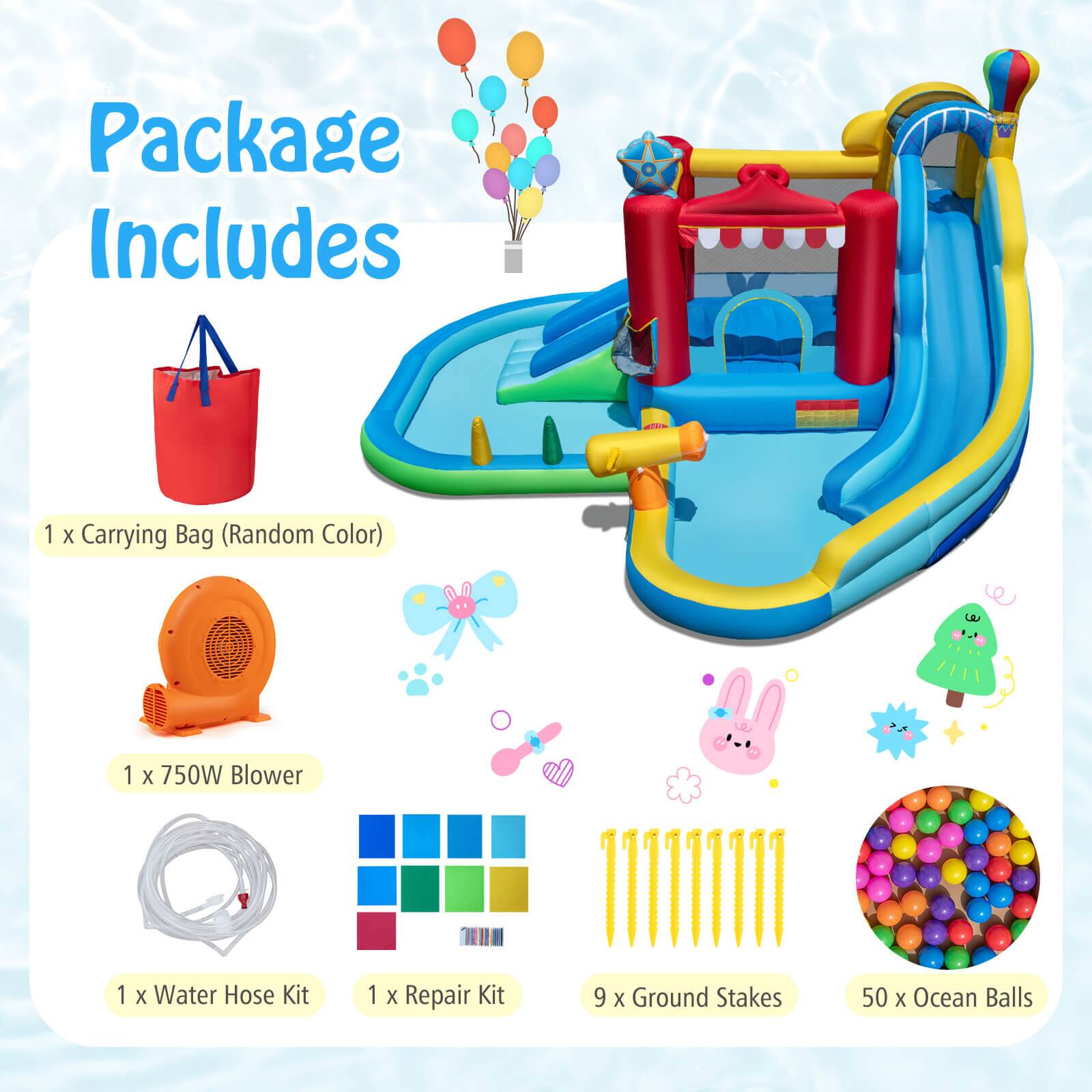 Package Includes  
- 1 x Carrying Bag (Random Color)  
- 1 x 750W Blower  
- 1 x Water Hose Kit  
- 1 x Repair Kit  
- 9 x Ground Stakes  
- 50 x Ocean Balls