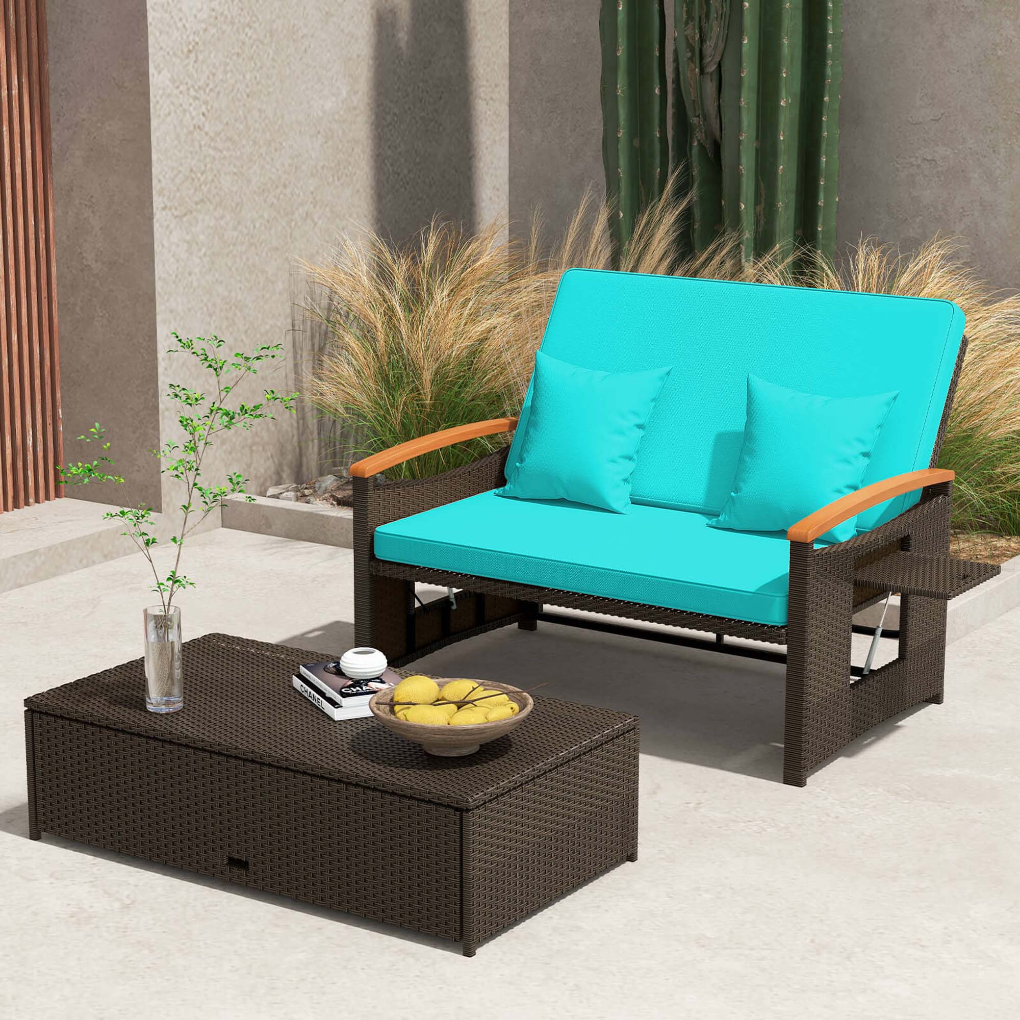 Alt View 3. Costway - Patio Rattan Daybed Set with Cushioned Loveseat & Storage Ottoman for Porch - Turquoise + Mix Brown.