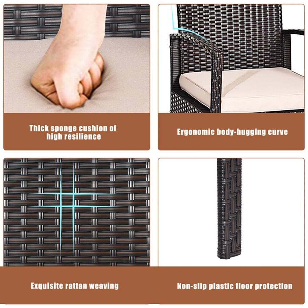 Thick sponge cushion of high resilience  
Ergonomic body-hugging curve  
Exquisite rattan weaving  
Non-slip plastic floor protection