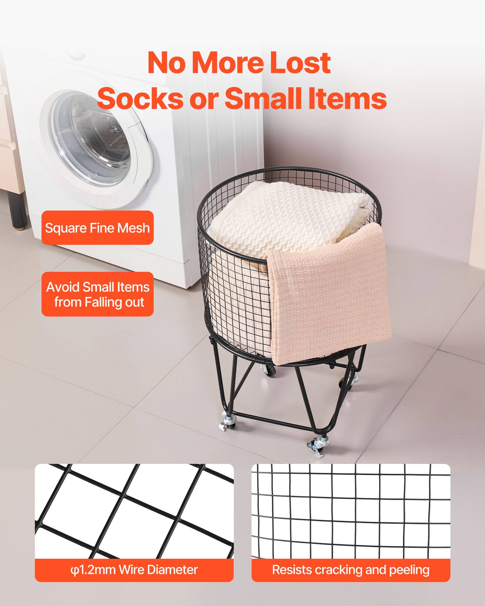 No More Lost Socks or Small Items

Square Fine Mesh  
Avoid Small Items from Falling out

1.2mm Wire Diameter  
Resists cracking and peeling