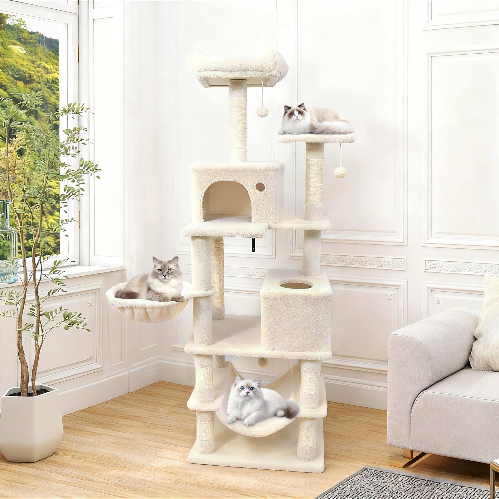 Alt View 1. Gymax - Gymax 66'' Tall Cat Tree w/2 Condos Sisal Scratching Posts Plush Perch Hammock Basket Beige.