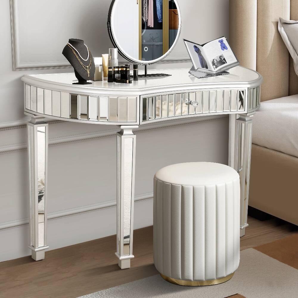 Alt View 1. Loheer - Loheer 47 inch half moon mirrored console table silver entryway vanity desk with drawer - Grey, Silver.