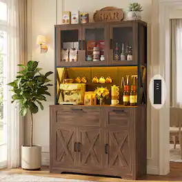 Aheaplus - 71'' Tall Pantry Cabinet, 39.4'' Wide Pantry with 2 Drawers, Charging Station, and LED Lights - Weathered Brown