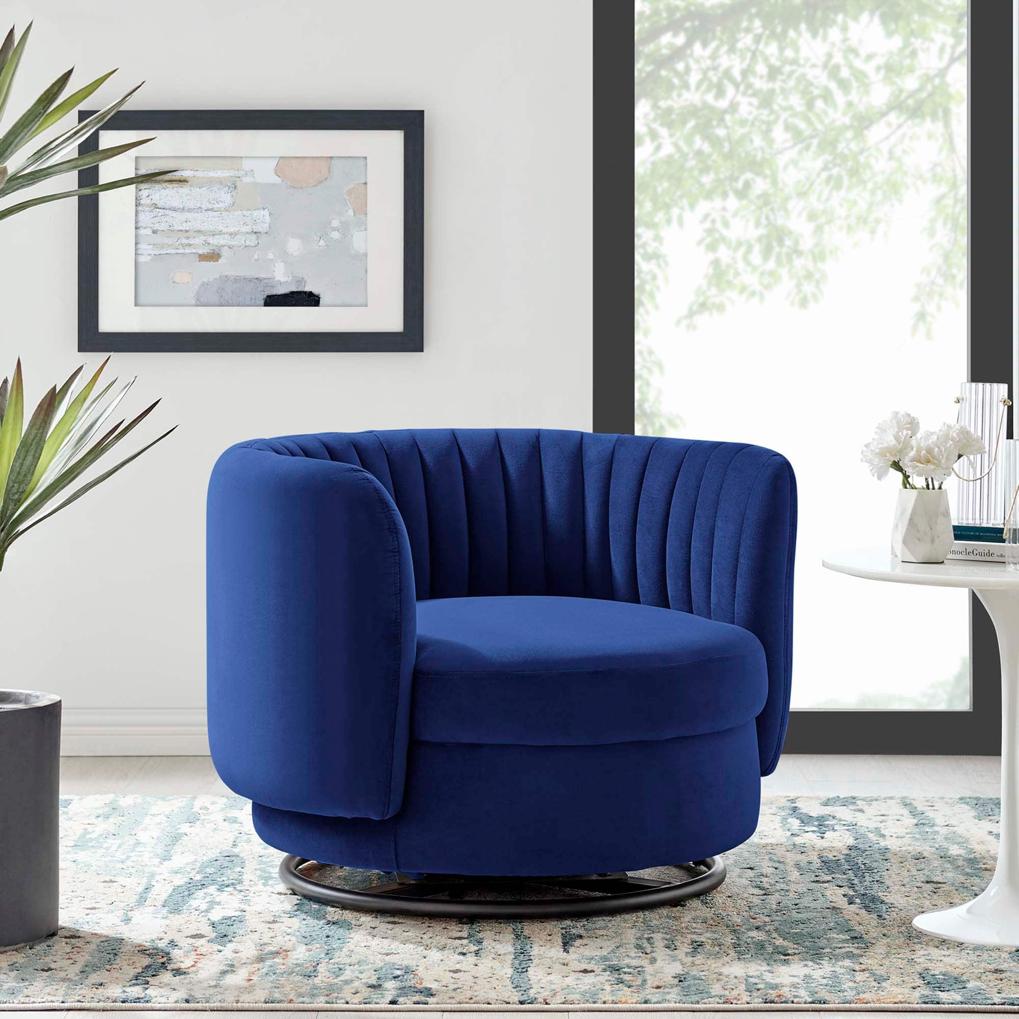 Embrace Tufted Performance Velvet Swivel Chair by Modway - Black Navy
