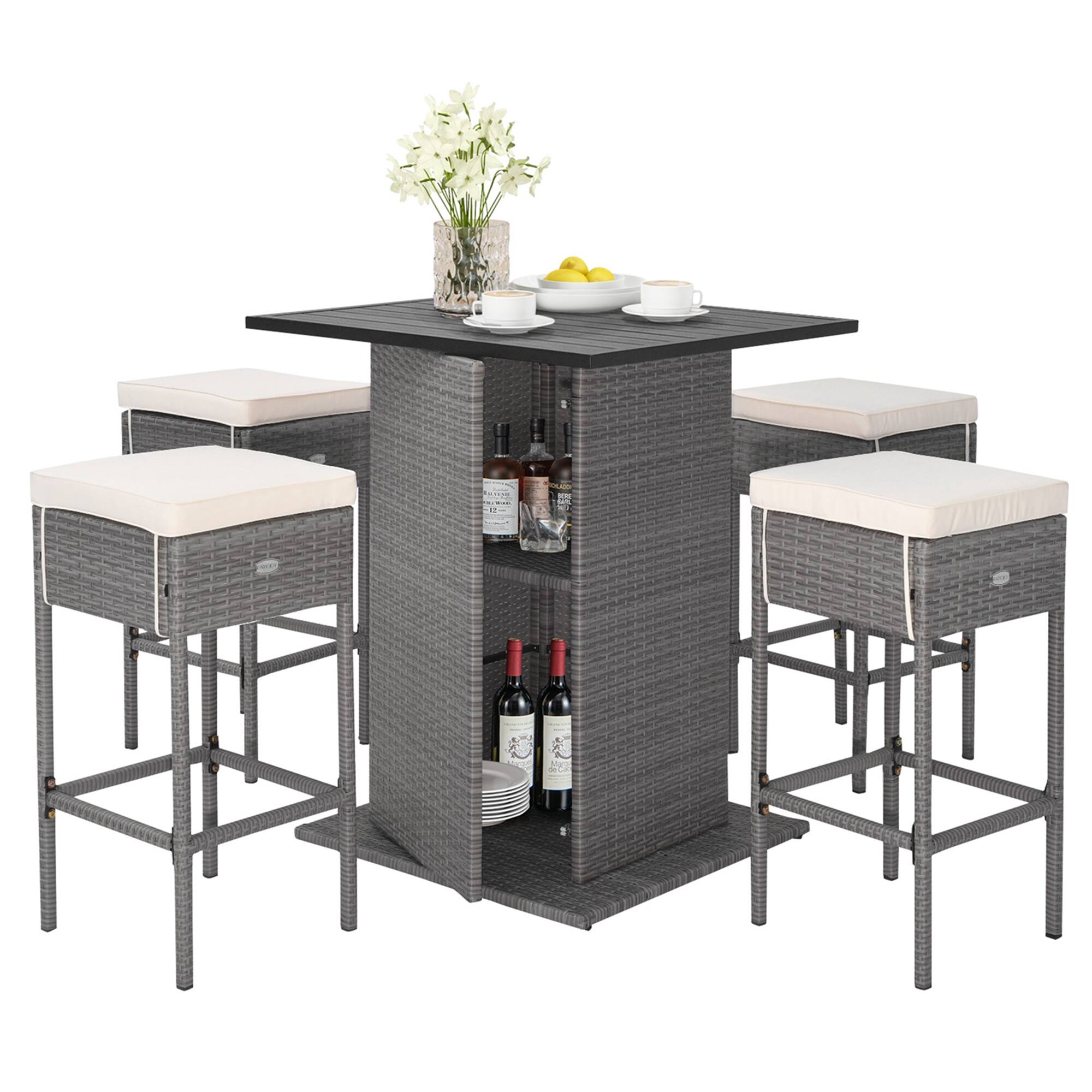 Costway - 5 PCS Outdoor Wicker Bar Table Set with Hidden Storage Shelves Bar Table Stools - Mix Gray,Beige