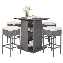 Costway - 5 PCS Outdoor Wicker Bar Table Set with Hidden Storage Shelves Bar Table Stools - Mix Gray,Beige