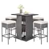 Costway - 5 PCS Outdoor Wicker Bar Table Set with Hidden Storage Shelves Bar Table Stools - Mix Gray,Beige