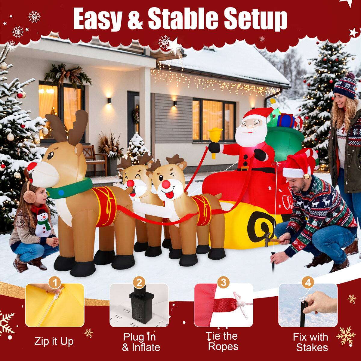 Easy & Stable Setup

1. Zip it Up
2. Plug In & Inflate
3. Tie the Ropes
4. Fix with Stakes