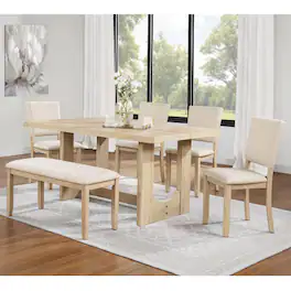LUCKY ONE - 6-Piece Dining Set, 57" Rectangular Dining Table with Bench and 4 Upholstered Chairs - Light Oak