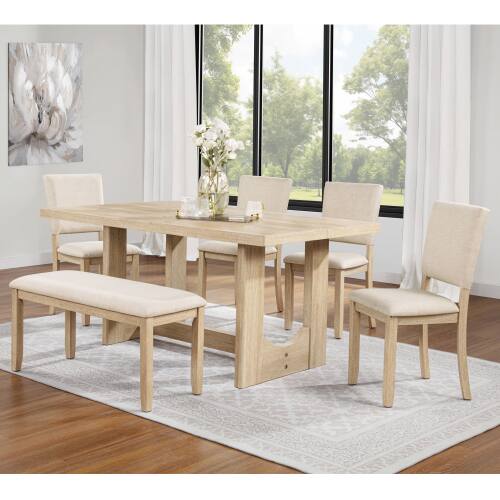 Front. LUCKY ONE - 6-Piece Dining Set, 57" Rectangular Dining Table with Bench and 4 Upholstered Chairs - Light Oak.