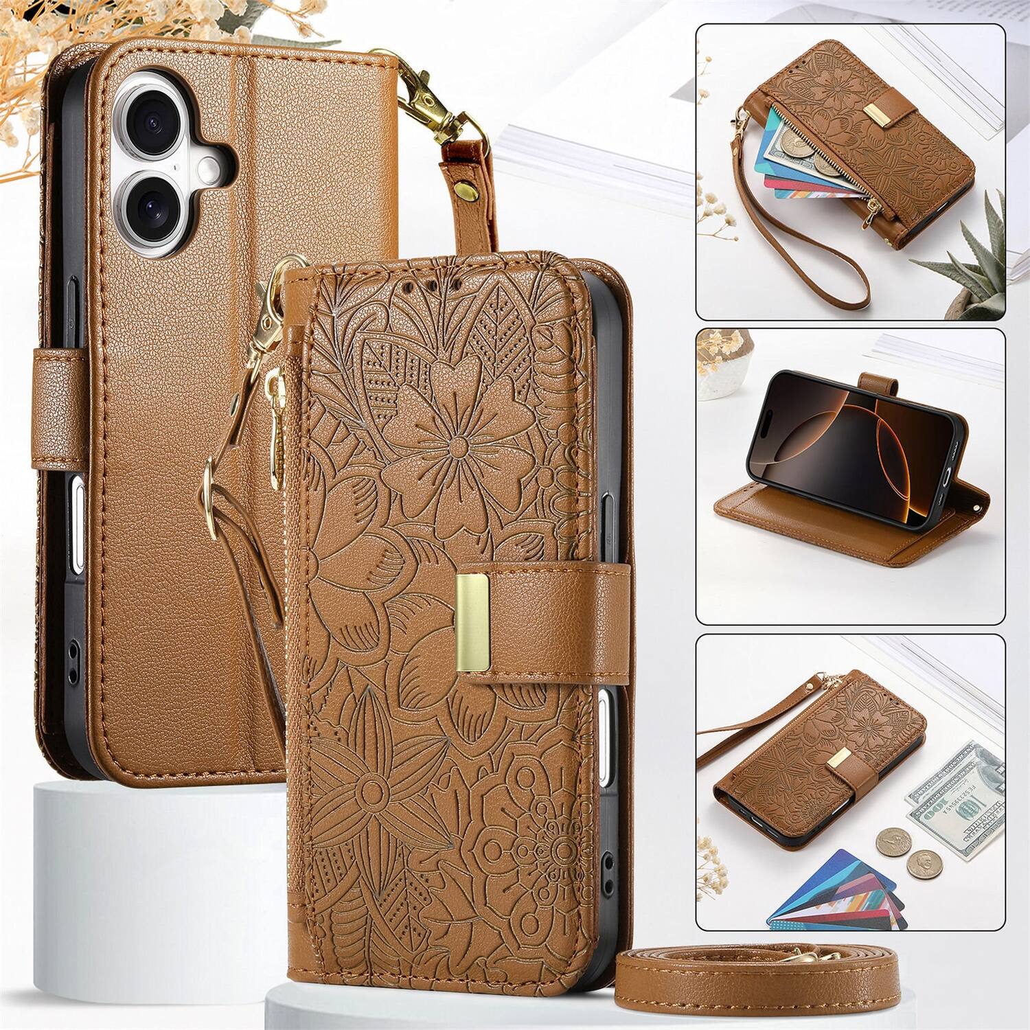 Angle. Dteck - Floral Embossed Leather Zipper Cash Slot Wallet Case for Apple iPhone 16 Plus with Detachable Strap - Brown.