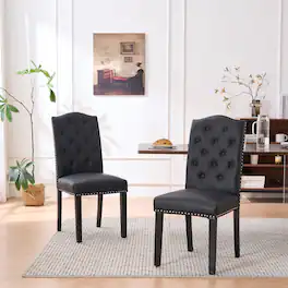 FERPIT - Set of 2 Upholstery Faux Leather Dining Chairs with Button Tufted High Back and Nailhead Trim - Black