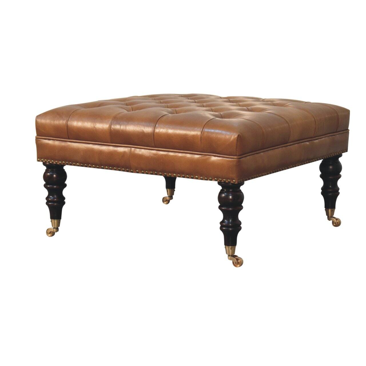 Left. Artisan Furniture - Artisan Furniture Solid Wood Studded Buffalo Tan Leather Ottoman with Castor Legs, Upholstered, Brown - Brown.