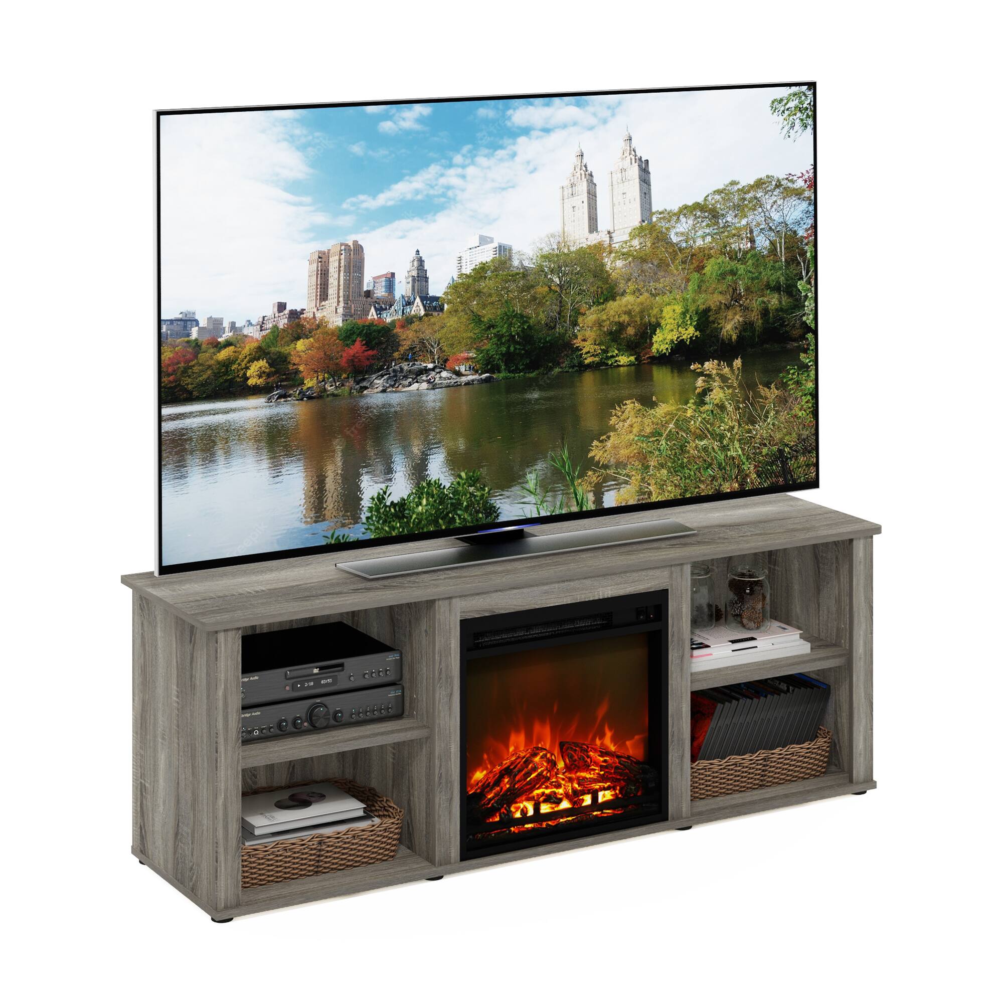 Alt View 5. Furinno - Classic 60 Inch TV Stand with Fireplace - French Oak Grey.