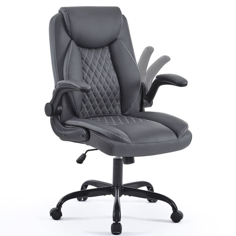 HTUTWOO - Ergonomic PU Leather Office Chair,with Flip-Up Armrests & Lumbar Support, Swivel Desk Chair for Home Office/Gaming Room - Gray