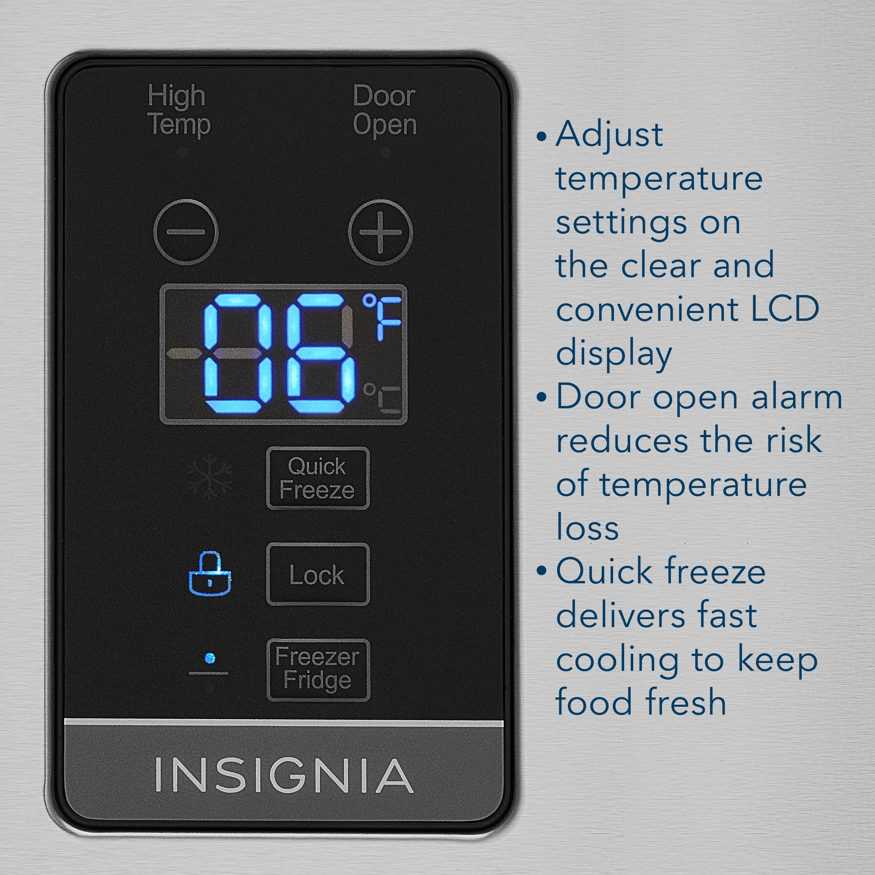 The text on the image is grouped and corrected as follows:

High Door Temp Open 08 Quick Freeze Lock Freezer Fridge Adjust temperature settings on the clear and convenient LCD display Door open alarm reduces the risk of temperature loss Quick freeze delivers fast cooling to keep food fresh INSIGNIA