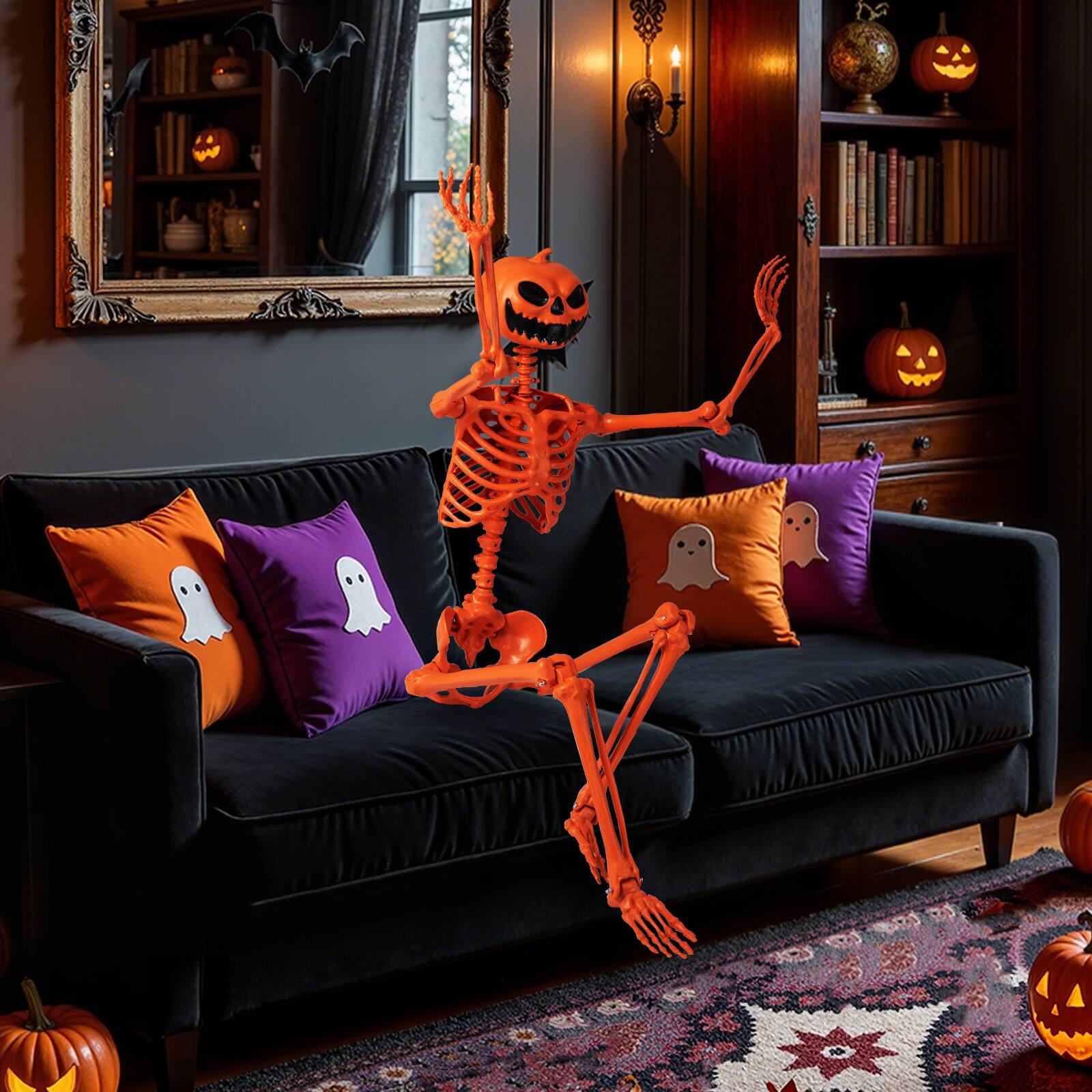 Alt View 5. Costway - Costway 5.2FT Poseable Halloween Skeleton Life-Size Decoration with Pumpkin Head - Orange.