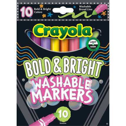 Crayola Bold & Bright Washable Markers
10 Colors
Washable Broad Line
Works on Light & Dark Paper
Non-Toxic